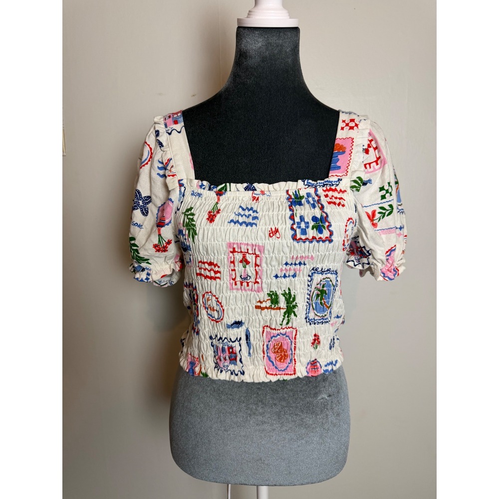 Postcard Print Smocked puffed sleeve postcard top milkmaid boho ruffle ten faire